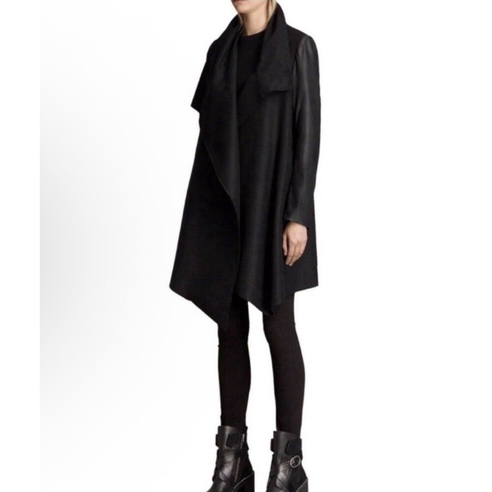 AllSaints Women’s Hyde Monument Black Wool Coat w/ Lamb Leather Sleeves – US 0